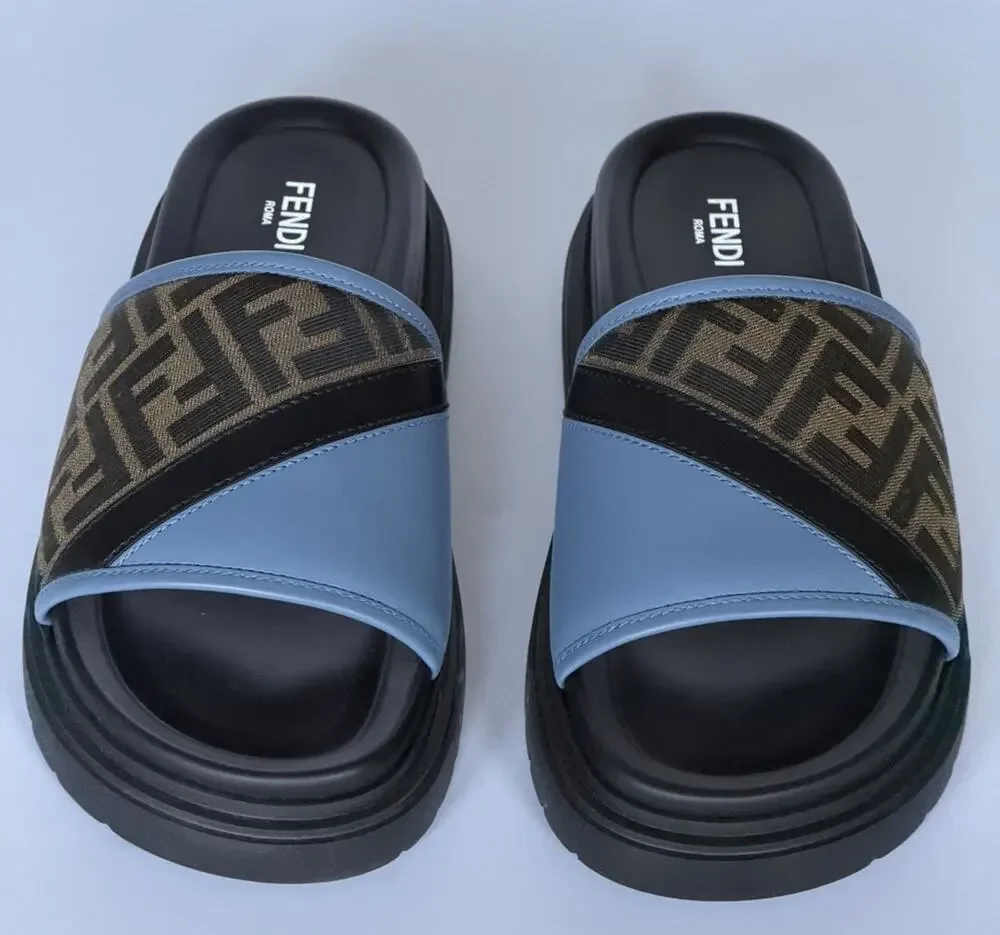 Fendi Men's FF Diagonal Leather/Fabric Slide Sandals 10 US/9 UK 7X1674 NWT $595